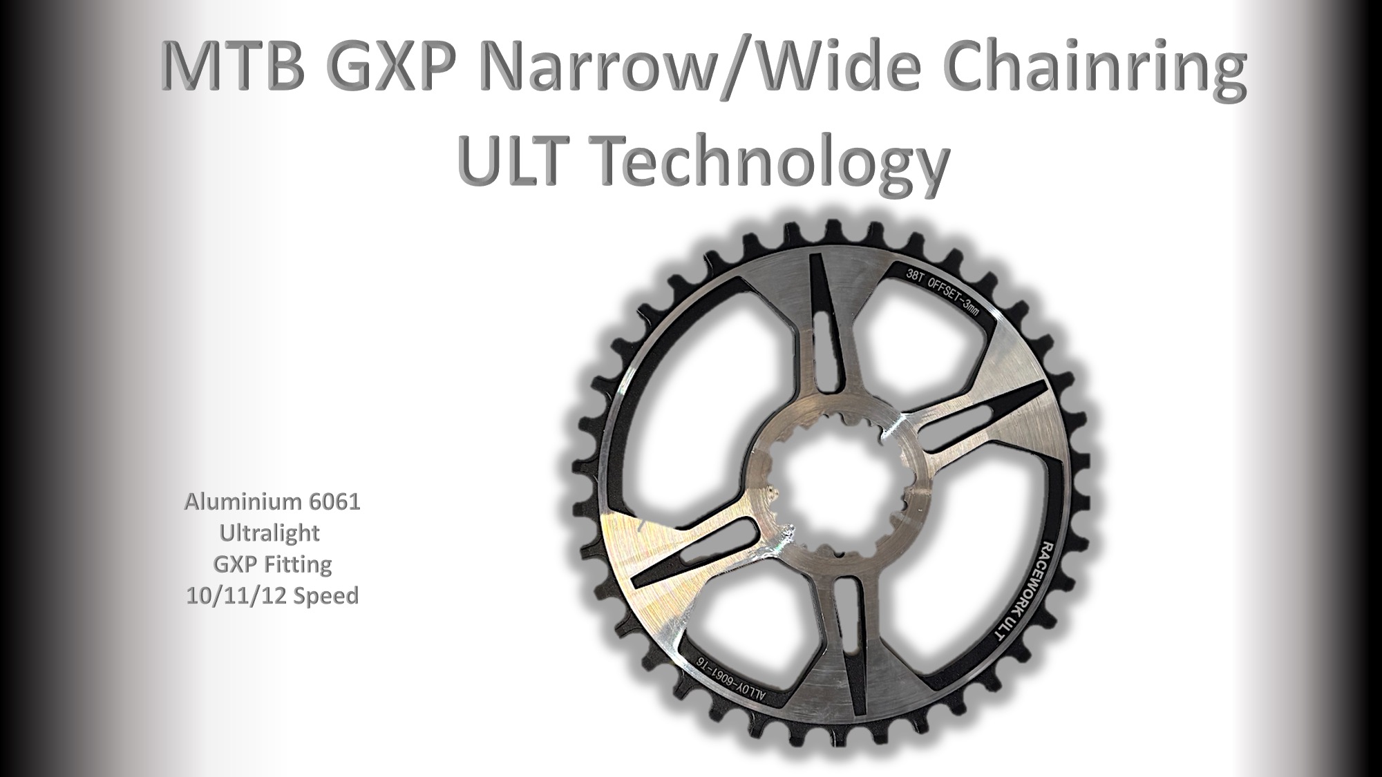 MTB (38T) 10/11/12s GXP 1x Round 3mm offset Black/Silver RACEWORX (Narrow/Wide Tooth Design) ULT