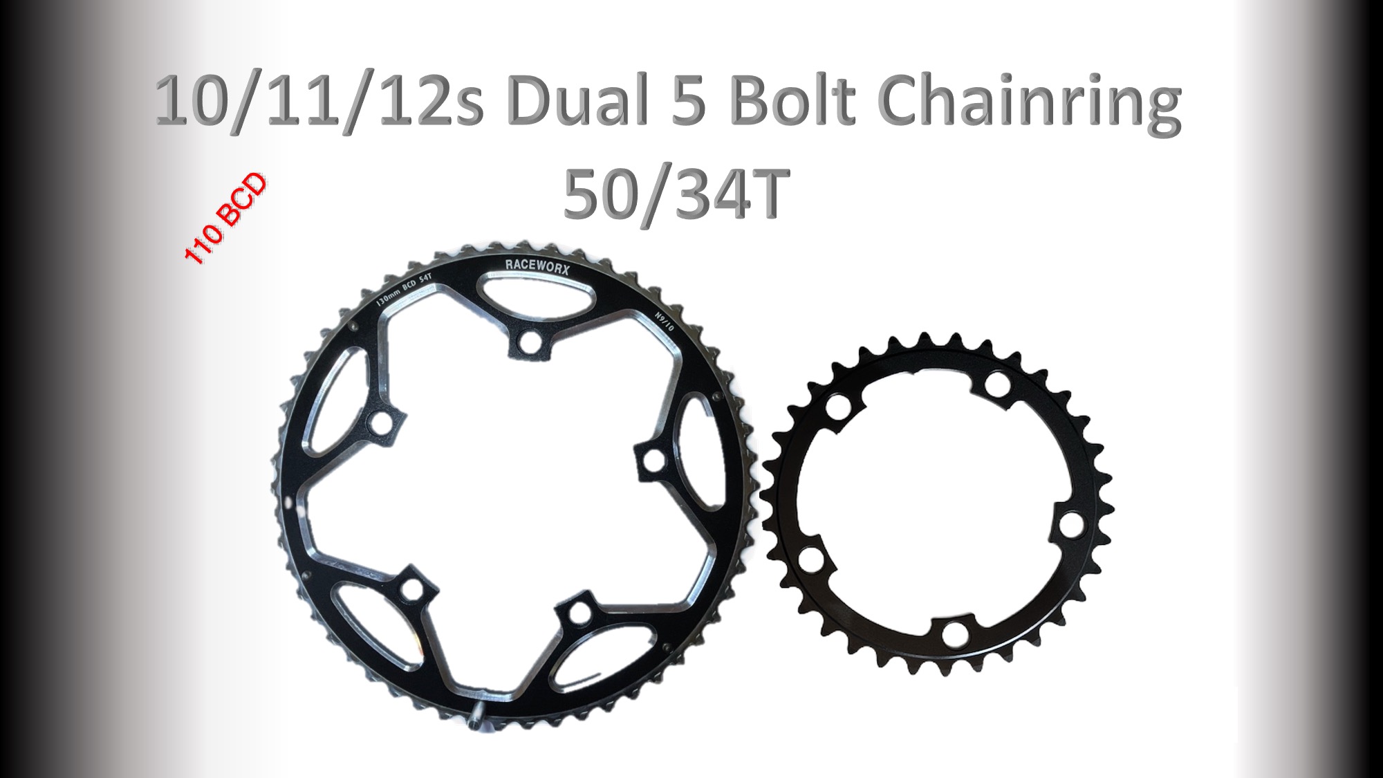 ROAD (50/34T) 110BCD 5 bolt 10/11/12s Round Black RACEWORX Set