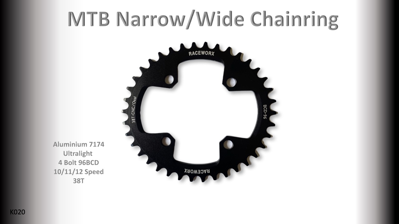 MTB (38T) 96BCD 10/11/12s 4 bolt 1x Oval Black RACEWORX (Narrow/Wide Tooth Design)
