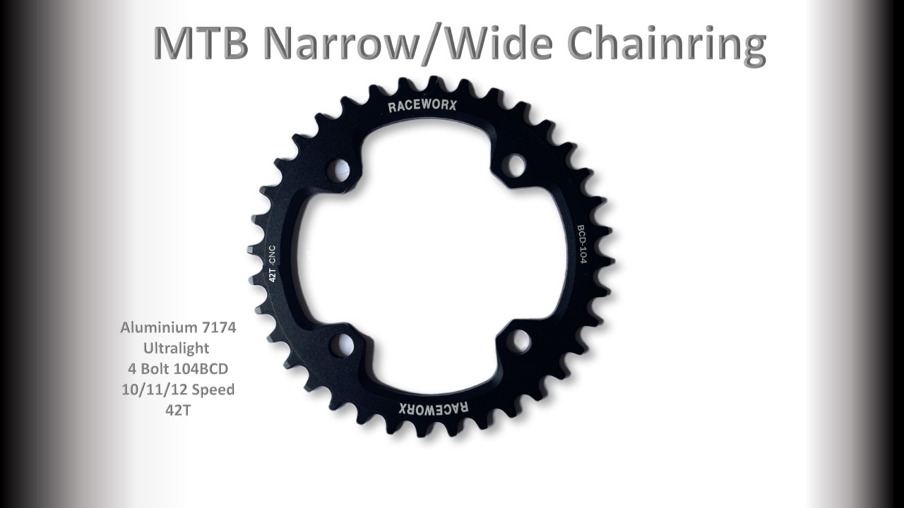 MTB (42T) 104BCD 10/11/12s 4 bolt 1x Round Black RACEWORX (Narrow/Wide Tooth Design)