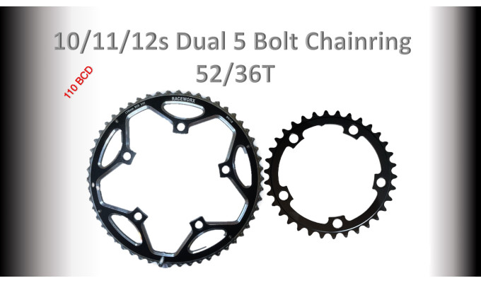 ROAD (52/36T) 110BCD 5 bolt 10/11/12s Round Black RACEWORX Set